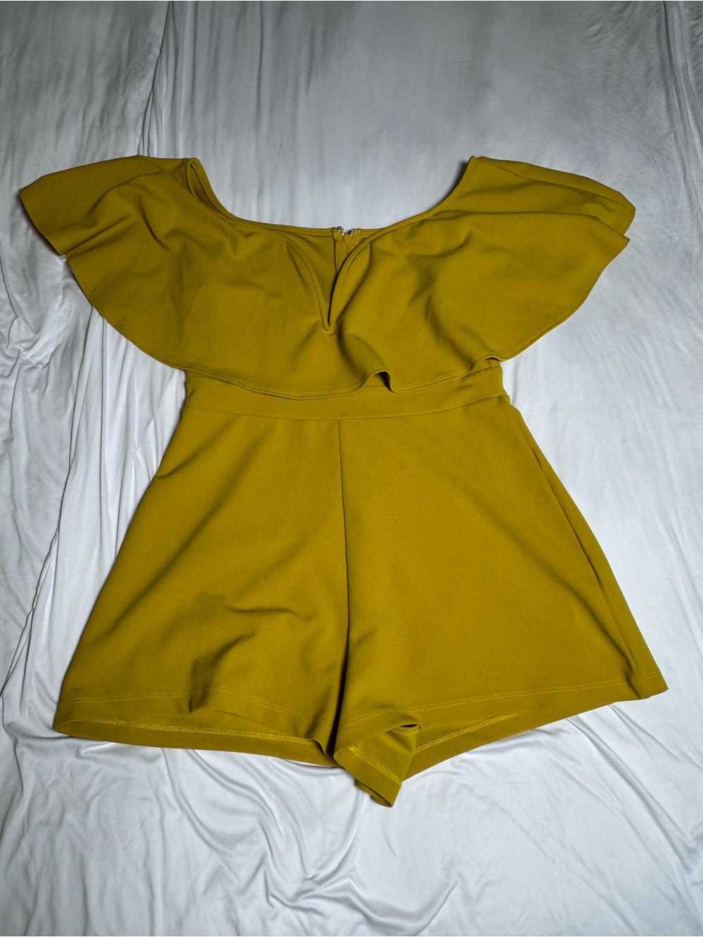 Symphony Mustard Off-Shoulder Ruffle Romper